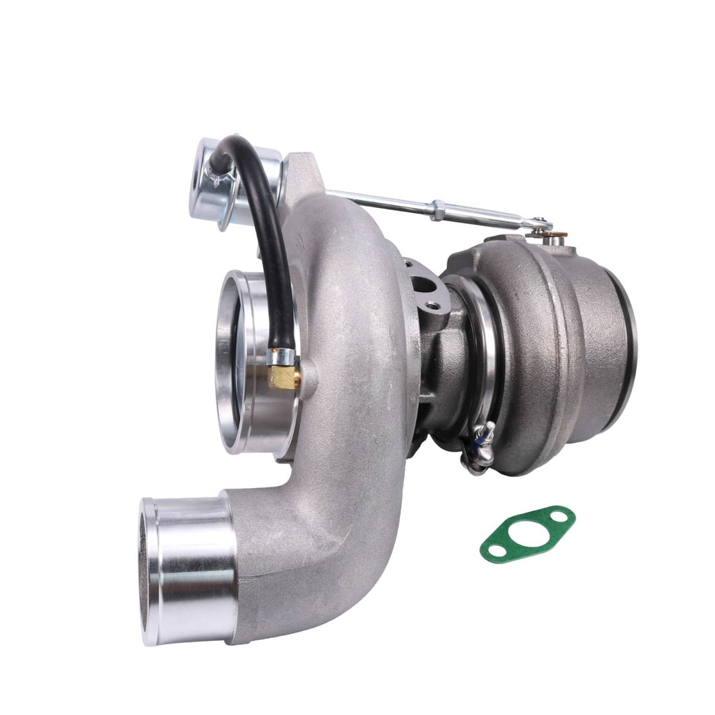 Turbocharger with side compressor inlet and exhaust outlet housing, plus gasket