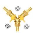 Brass 3-way hose Y ball valve with yellow lever handles and hose barbs