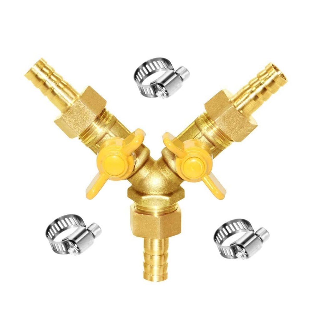 Brass 3-way hose Y ball valve with yellow lever handles and hose barbs
