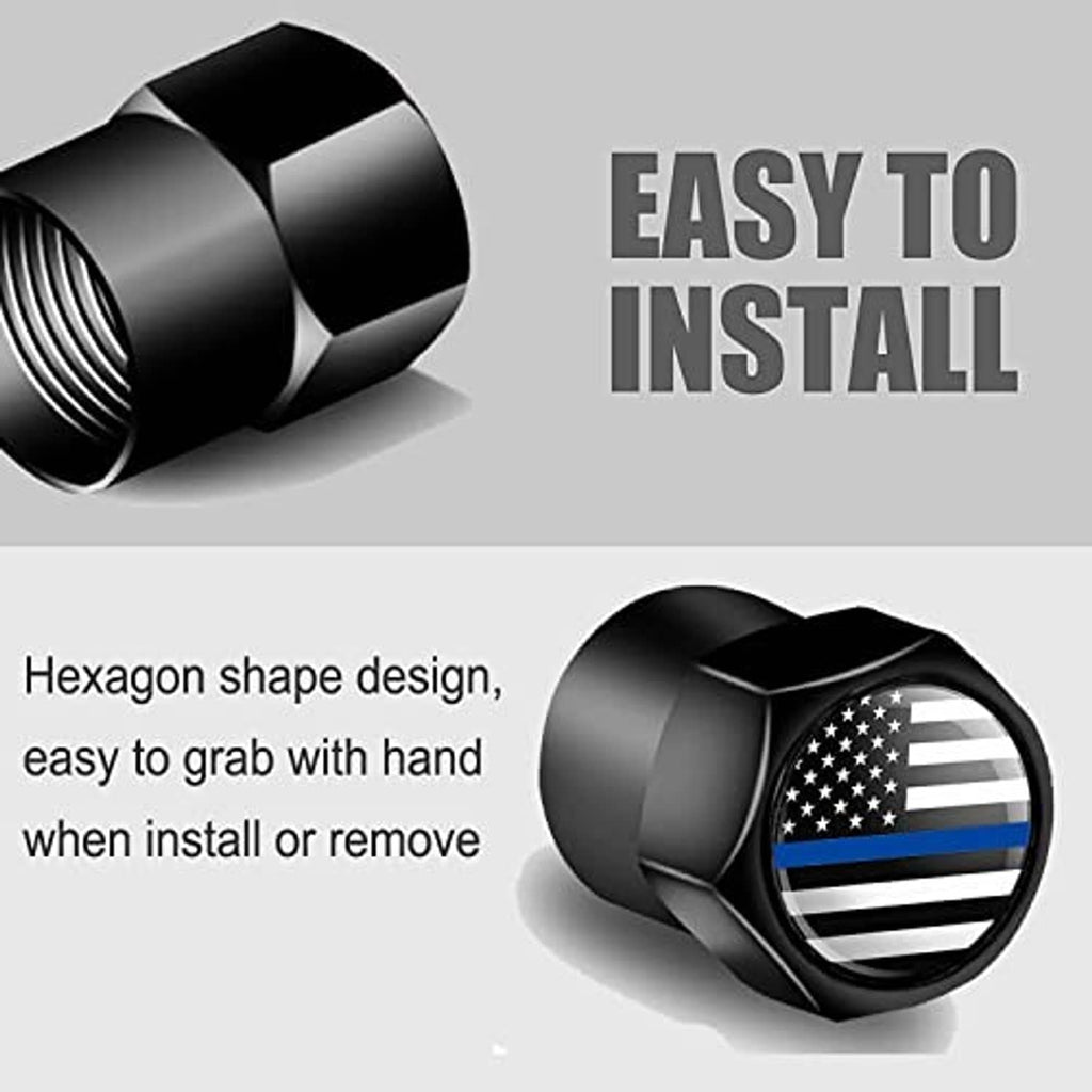 Hex-style black tire valve cap with thin blue line flag emblem on the top
