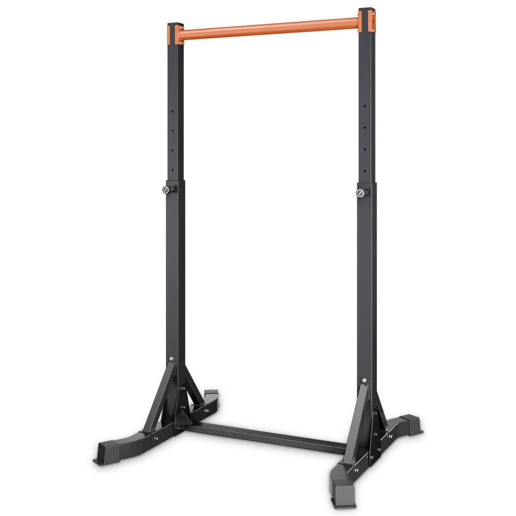 Portable pull up bar stand with orange top bar and black steel uprights, wide base
