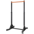 Portable pull up bar stand with orange top bar and black steel uprights, wide base