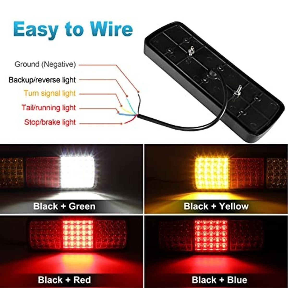 Black LED tail light bar with multiple modes shown in white, amber, and red glow
