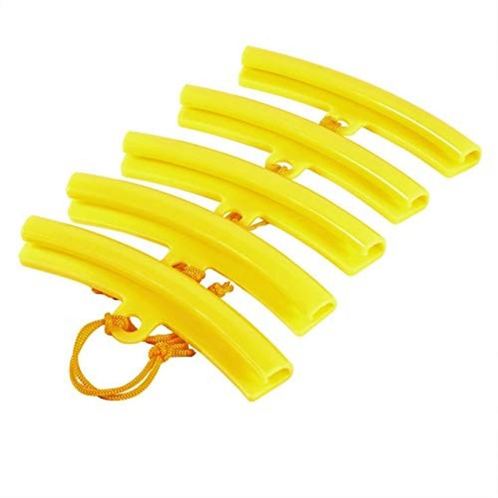 Yellow curved wheel rim protectors with metal grommets and orange strap cords