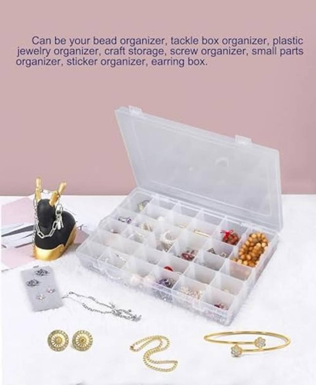 Open clear 36-grid plastic organizer with separate compartments for jewelry and beads