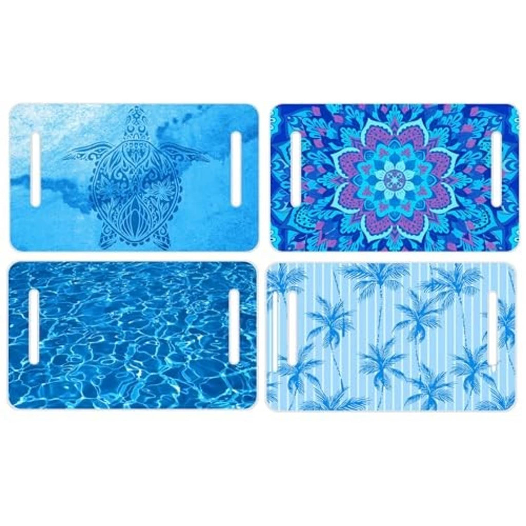 Set of 4 golf cart seat covers with blue mandala, ocean waves, and tropical palm prints