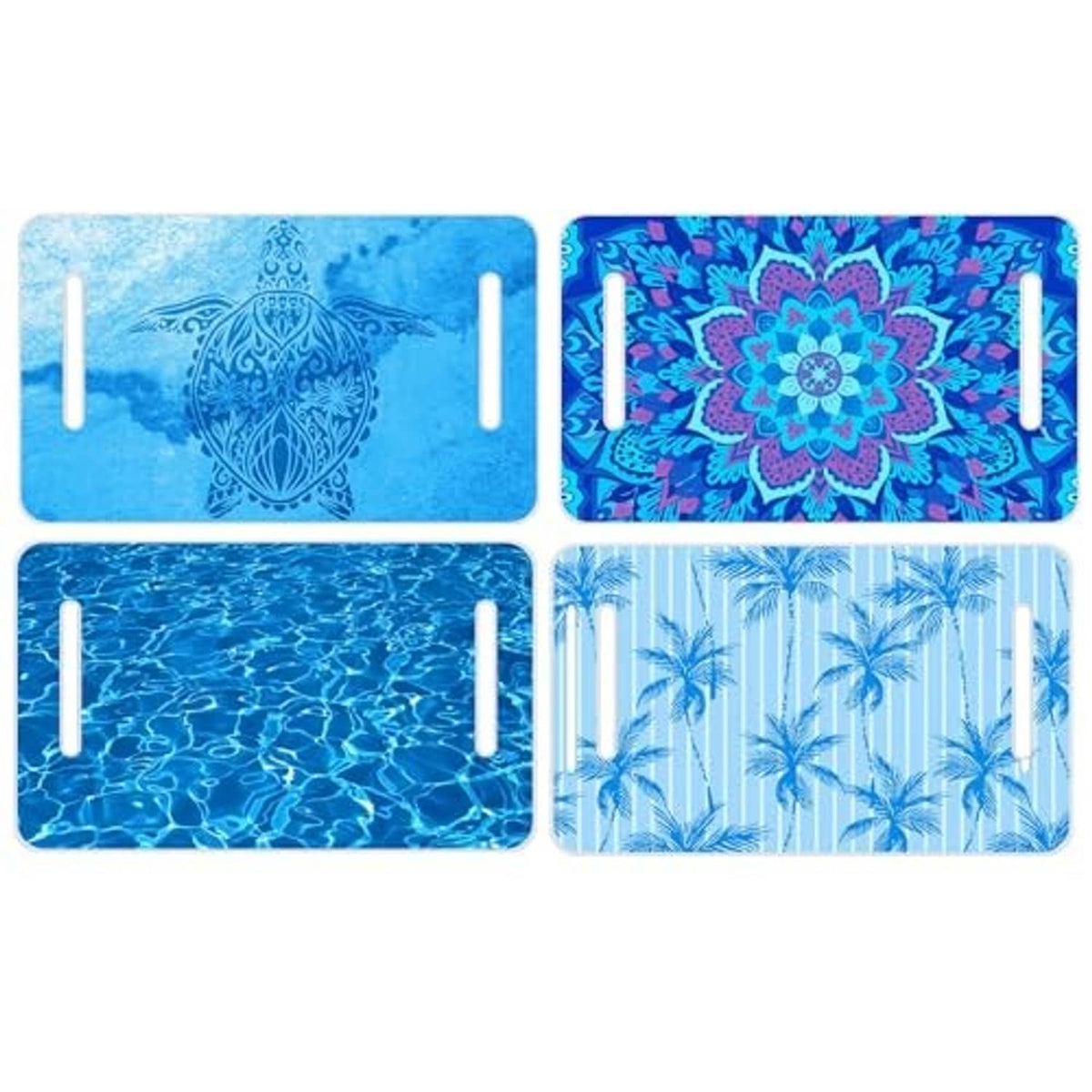 Set of 4 golf cart seat covers with blue mandala, ocean waves, and tropical palm prints