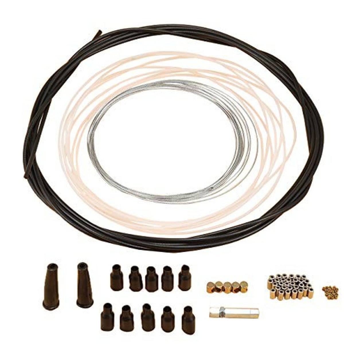 Throttle cable kit with black cable loop plus brown nipples and metal ferrule parts