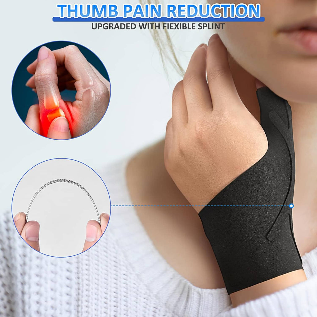 Black thumb wrist brace with flexible splint supporting the thumb