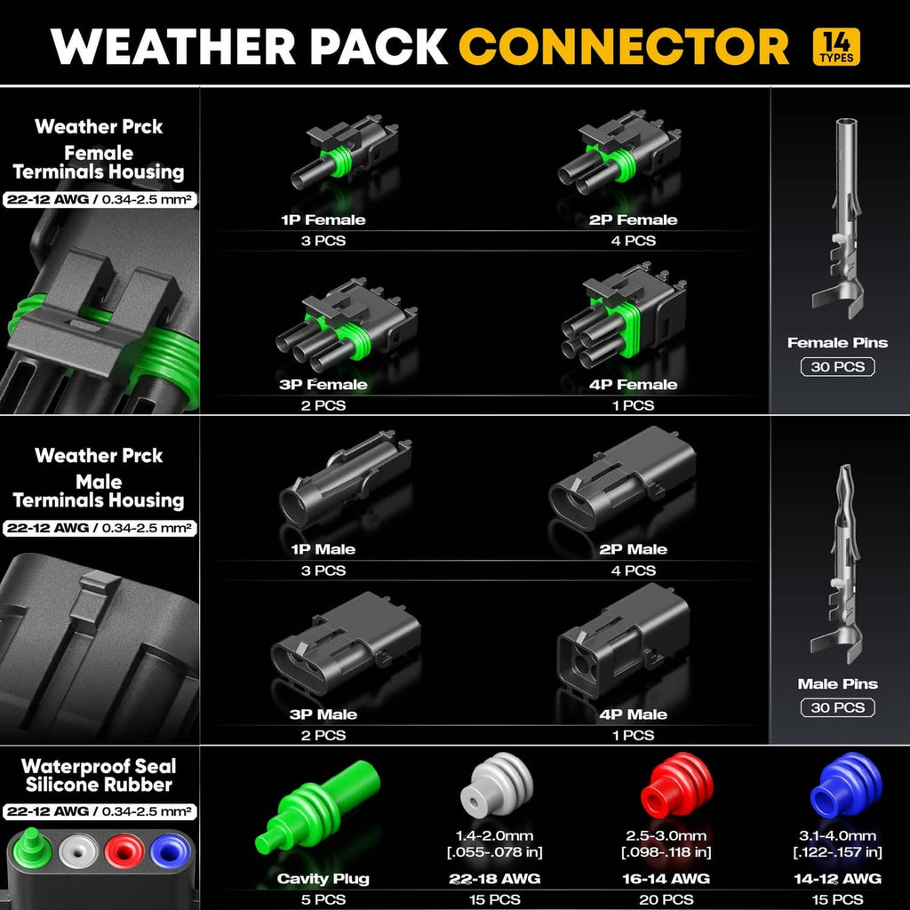 Weather pack connector set with male and female terminals, seals, and cavity plugs