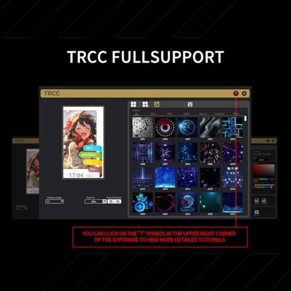 White CPU cooler with dual fans and RGB accents displayed with TRCC software overlay