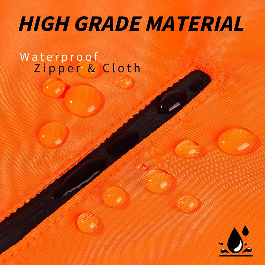 Close-up of blaze orange waterproof dog vest fabric with black zipper tape
