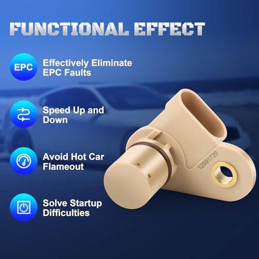 Beige camshaft position sensor with round mounting eyelet and insulated connector sleeve