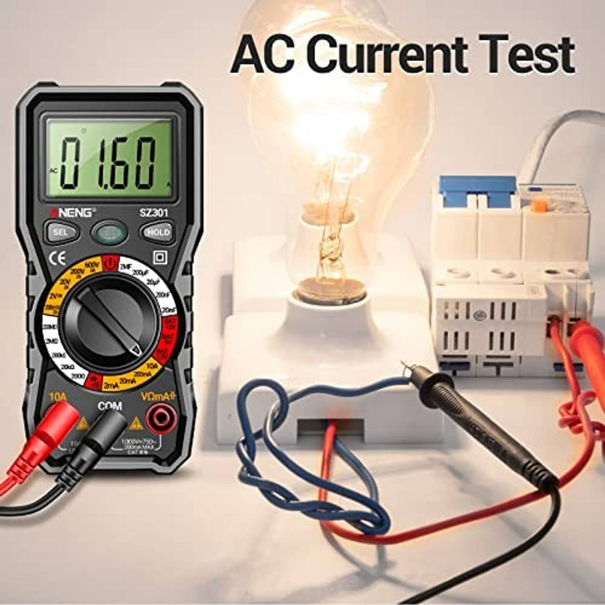 Black digital multimeter with red and black test leads connected to a lamp circuit