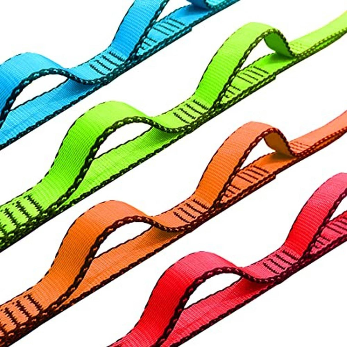 Colorful nylon daisy chain lanyard straps with stitched loop rings, close-up