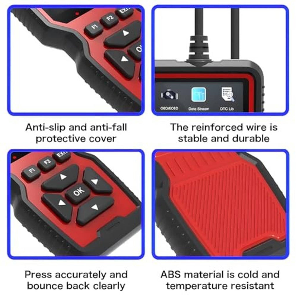 OBD2 scanner close-up with anti-slip buttons and red ribbed protective back.