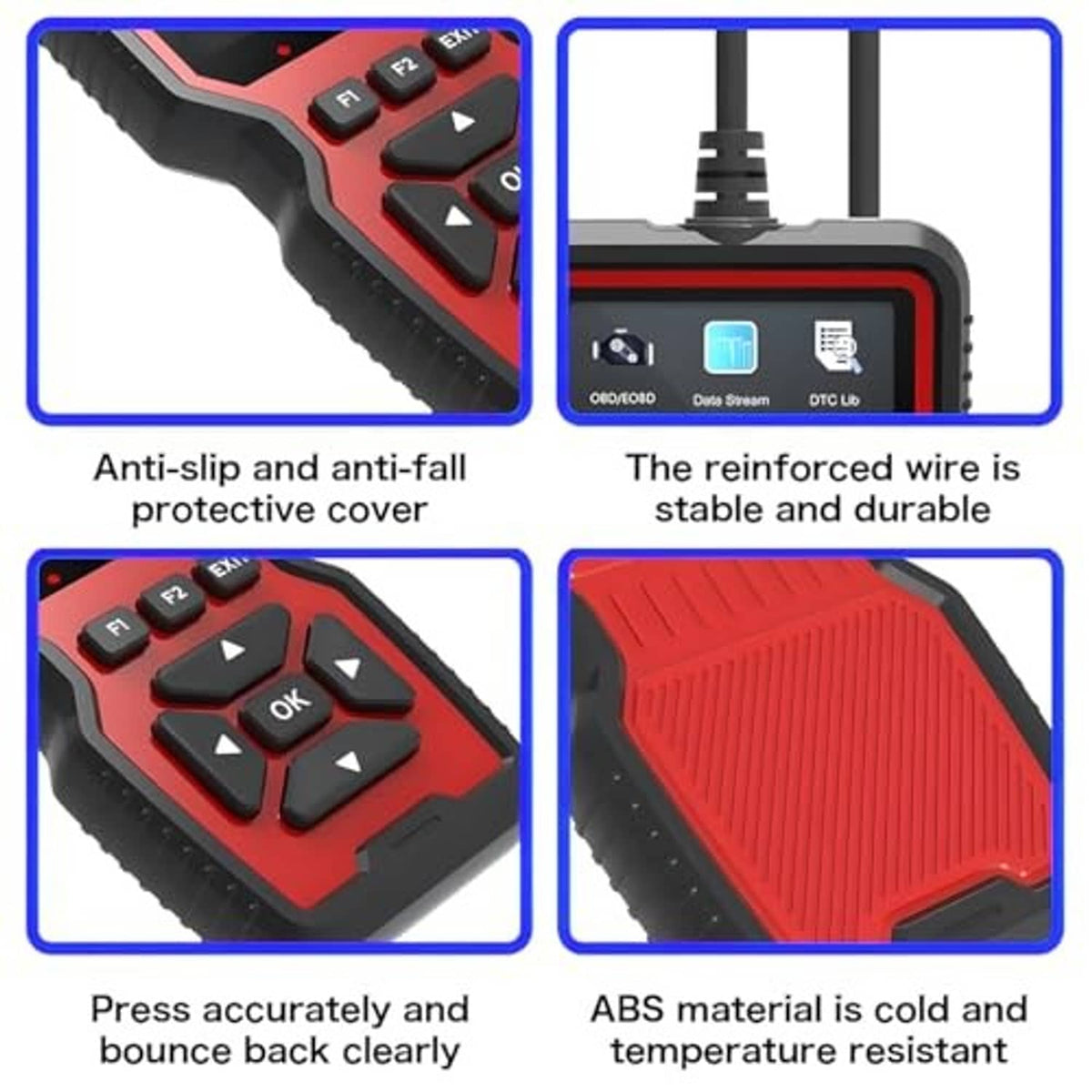 OBD2 scanner close-up with anti-slip buttons and red ribbed protective back.