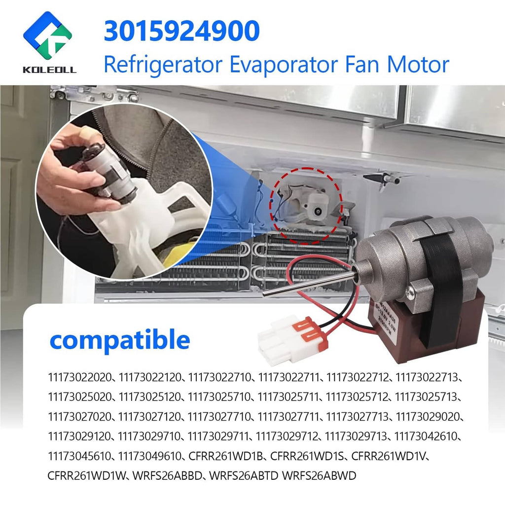 Refrigerator evaporator fan motor with gray body and red/black power leads for replacement