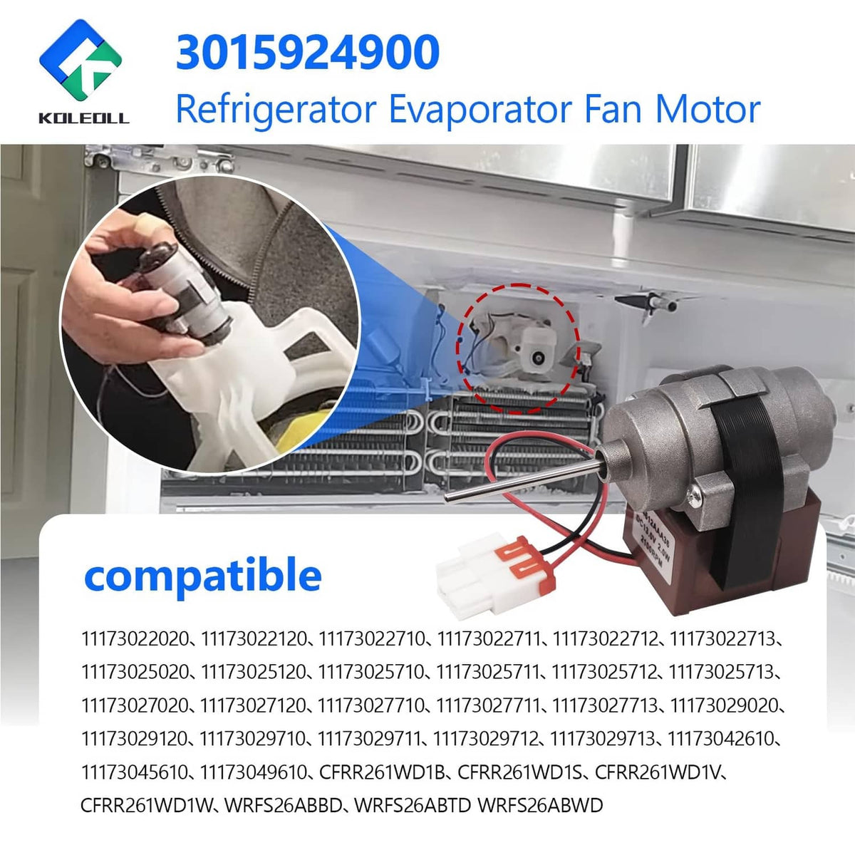 Refrigerator evaporator fan motor with gray body and red/black power leads for replacement