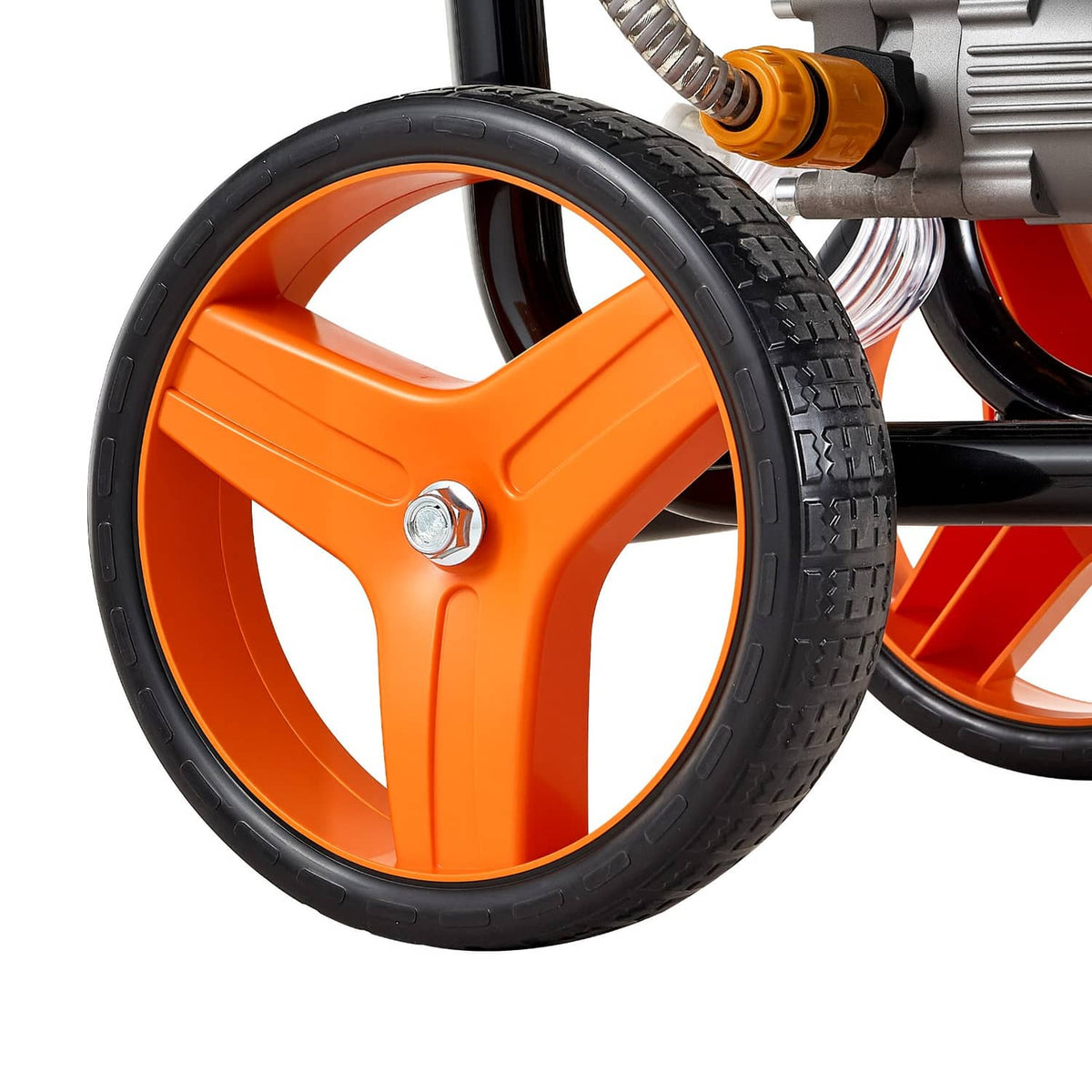 Orange wheel with treaded black tire on gas pressure washer frame