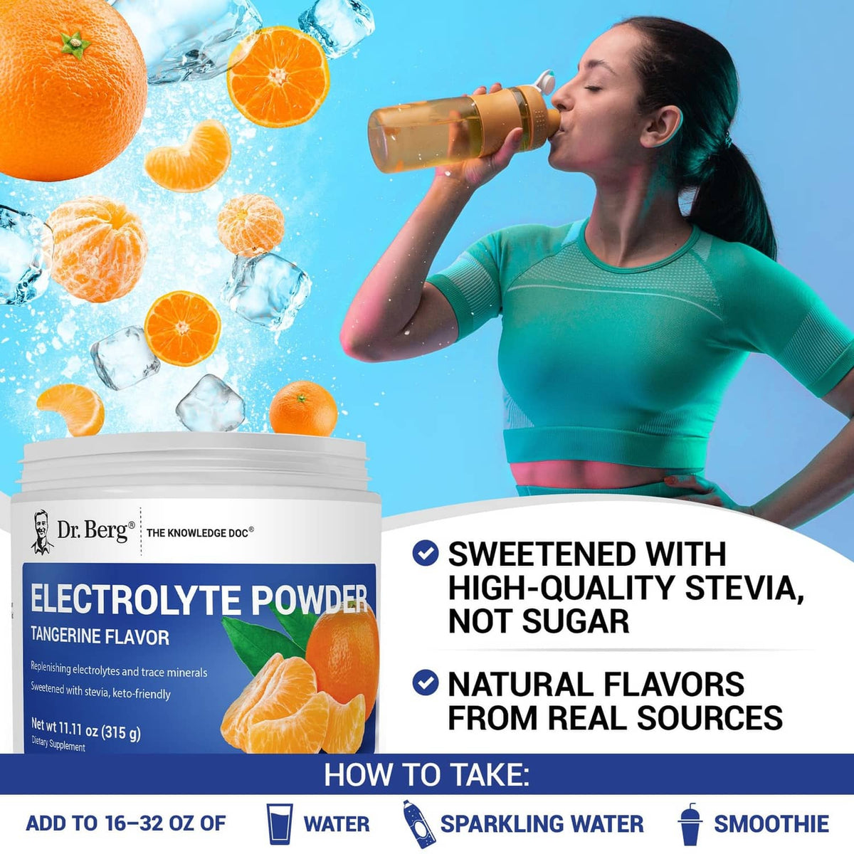 Dr. Berg electrolyte powder jar with tangerine flavor front label, white tub with gray lid