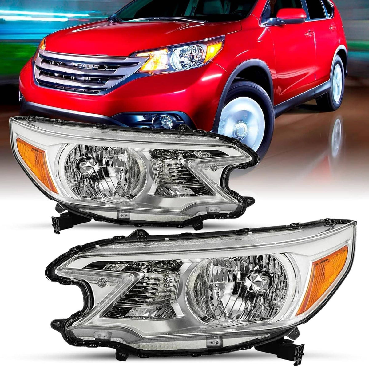 Pair of chrome amber corner headlights with clear projector lens and amber corner