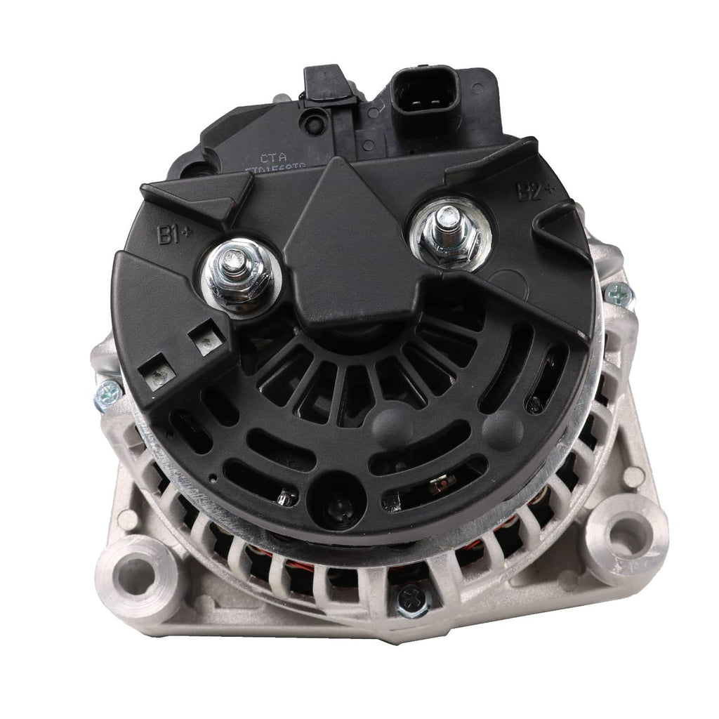 Engine alternator top view with two round terminals on black cover and silver base
