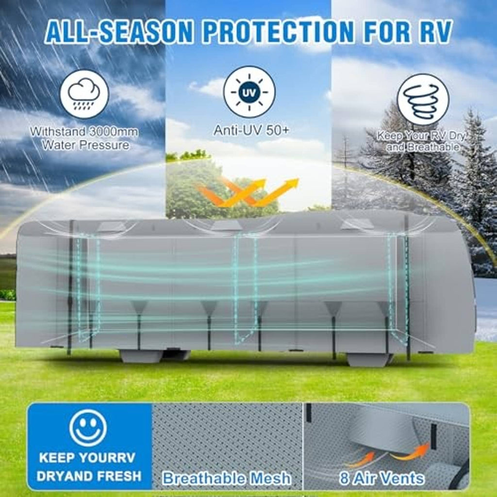 Grey RV cover with breathable mesh and air vents for all-season protection