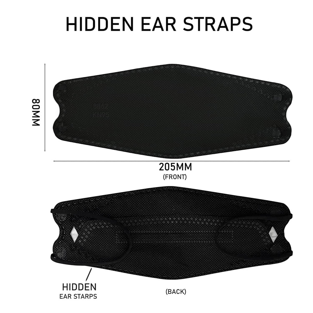Black KN95 face mask with hidden ear straps, front-and-back view