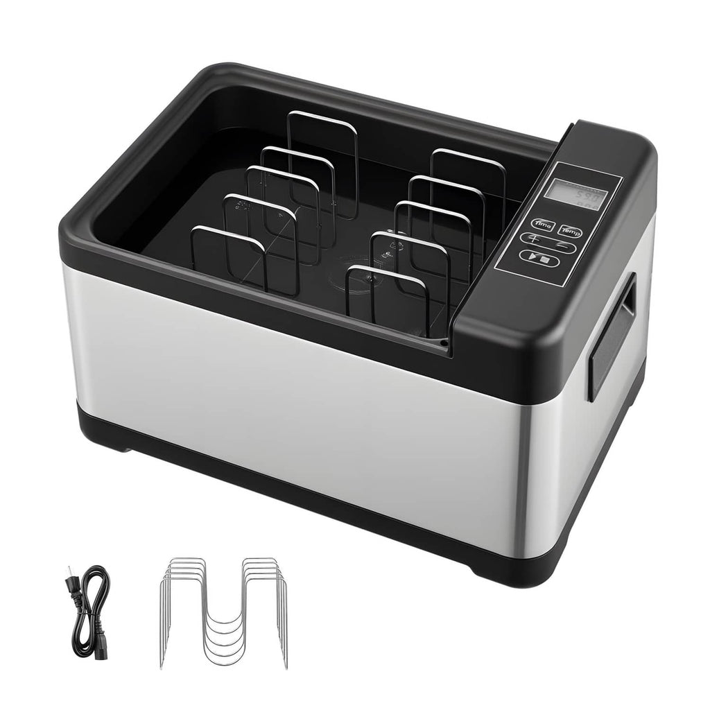 Sous vide precision cooker base with black top, digital control panel, and rack compartments