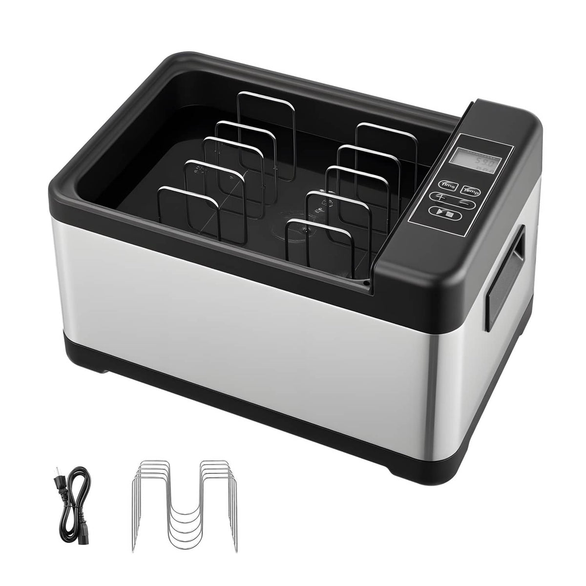 Sous vide precision cooker base with black top, digital control panel, and rack compartments
