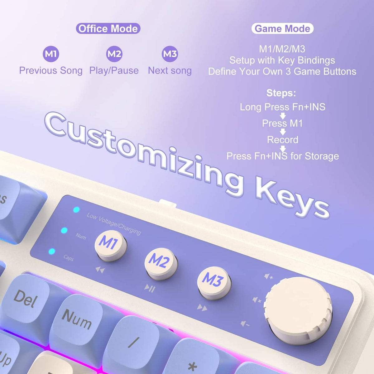 Wireless keyboard top view with customizable keys and blue status indicators