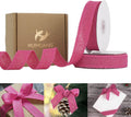 Hot pink burlap ribbon with wire-free woven texture, shown on a spool and loose loops