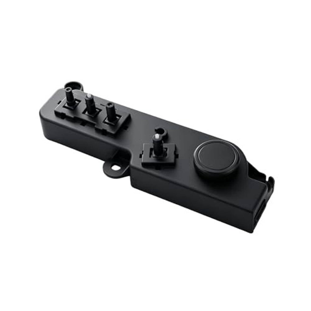 Black power seat switch module with round button and multi-switch layout, side view