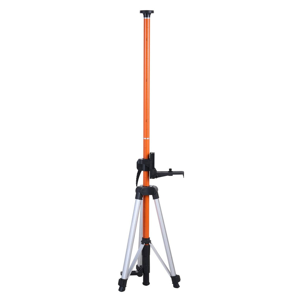 Orange laser level tripod with black mounting head and silver adjustable legs