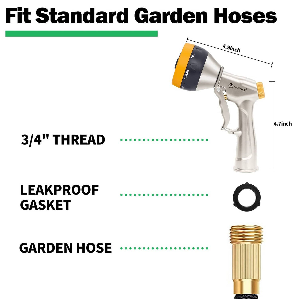 Silver garden nozzle sprayer with yellow ring; includes gasket and threaded hose connector