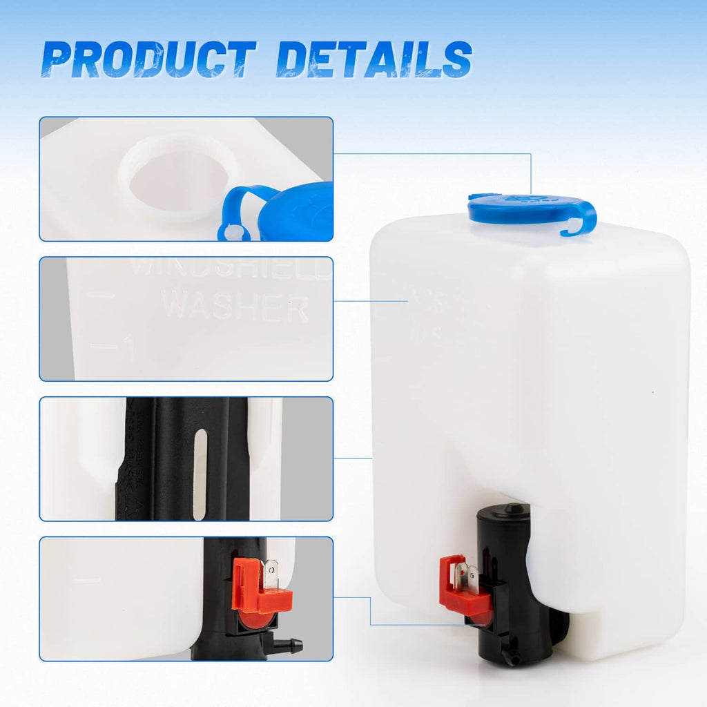 White washer tank with blue cap and black pump outlet, shown with component callouts