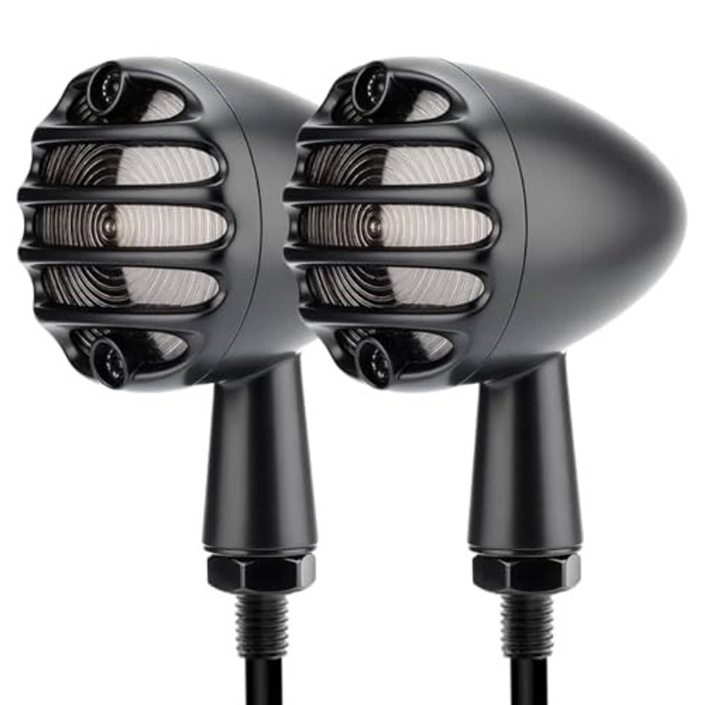 Two black motorcycle LED turn signal lights with round lenses and vented grille design