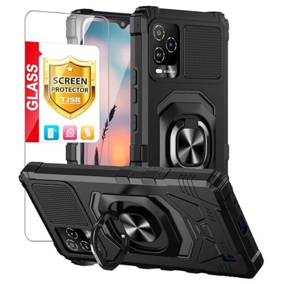 Black rugged phone case with tempered glass screen protector and ring grip