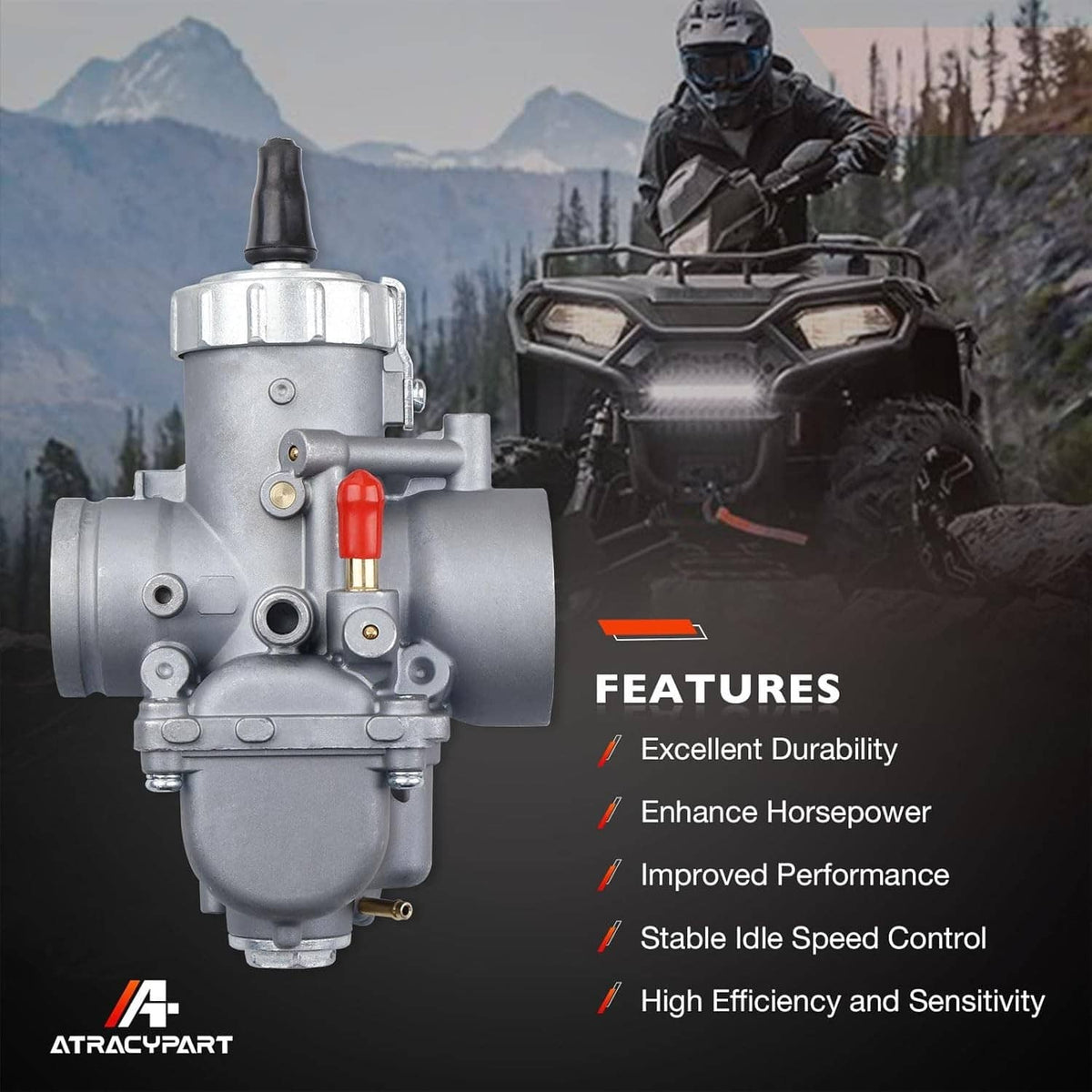 2-stroke carburetor with silver body and red choke cap