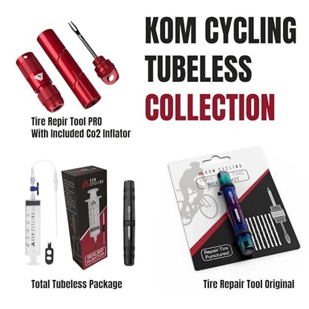 Tubeless tire repair kit with red repair tool, inflator, and boxed accessories