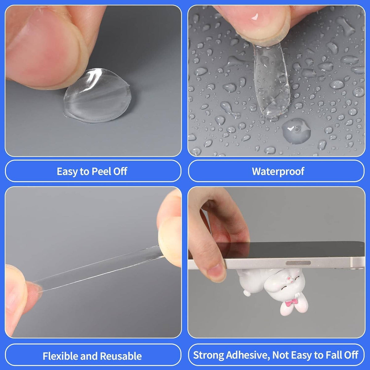 Close-up of removable sticky dots being peeled off, showing clear adhesive surface
