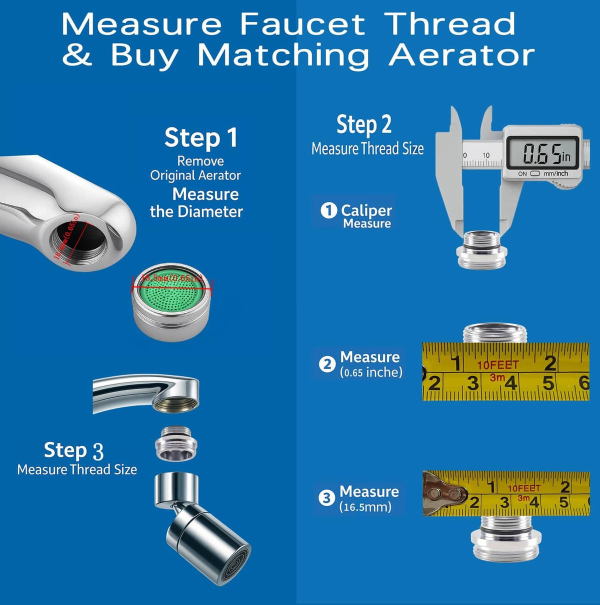 Silver faucet aerator adapter for measuring and matching aerator thread size