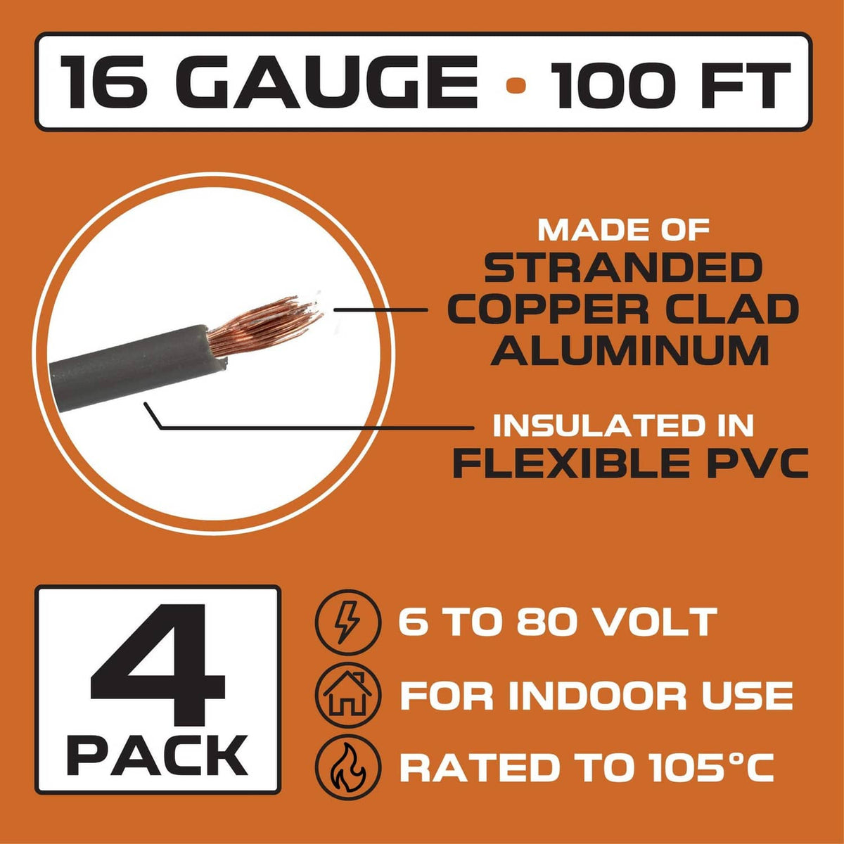 16-gauge insulated flexible PVC primary automotive wire, stranded copper-clad aluminum details