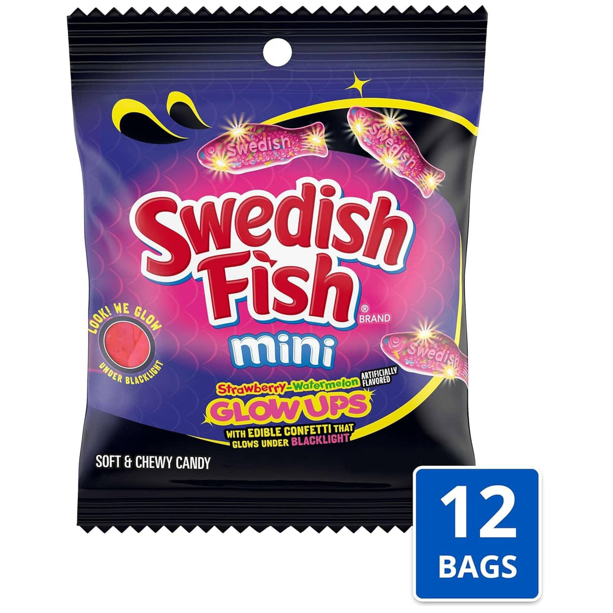 Swedish Fish mini glowups gummy candy pouch with '12 bags' badge, purple front