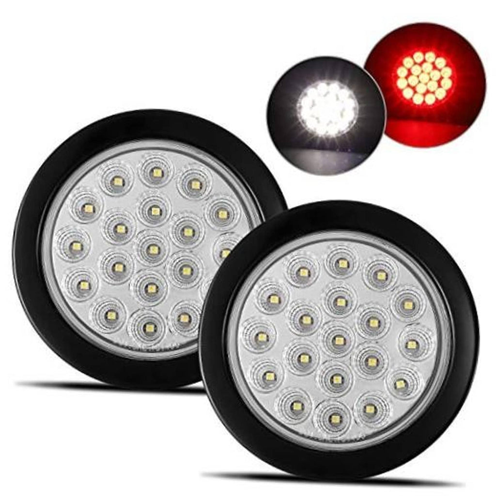 Set of round LED trailer lights with black housing, white backup and red stop/turn LEDs