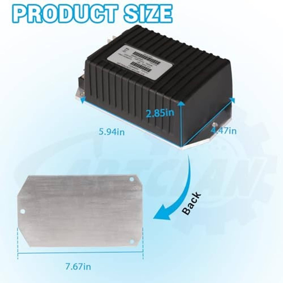 Black DC motor controller with vented housing and top label