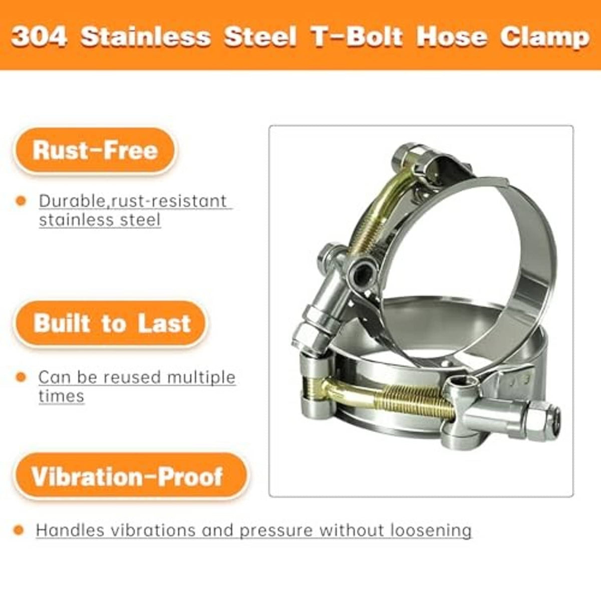 Stainless steel T-bolt hose clamp on a hose, adjustable metal band with T-bolt