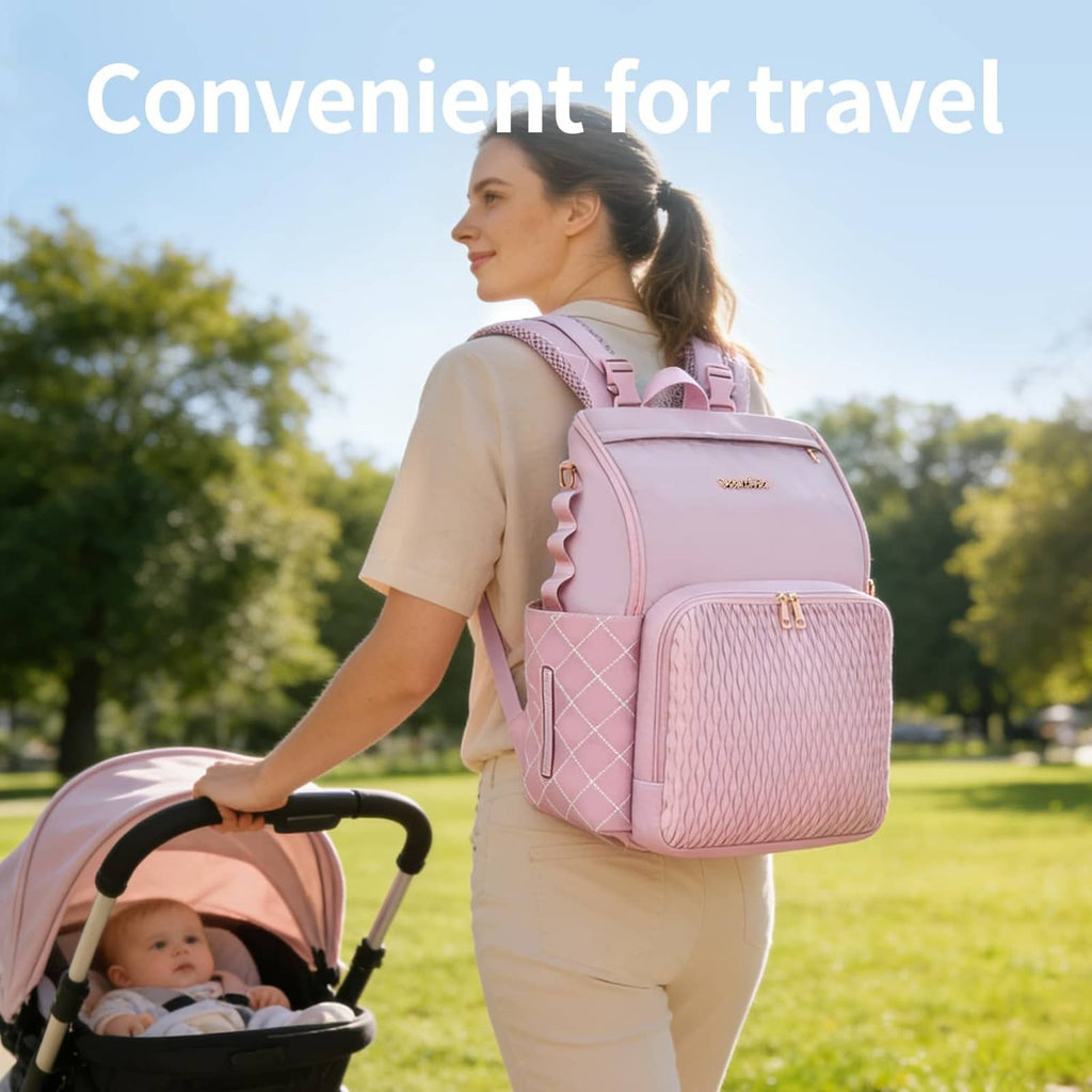 Lavender baby diaper bag worn on shoulder with stroller attachment straps