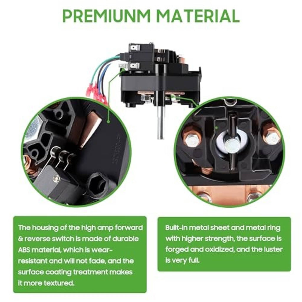 Forward/reverse switch assembly with metal interior components and connector terminals